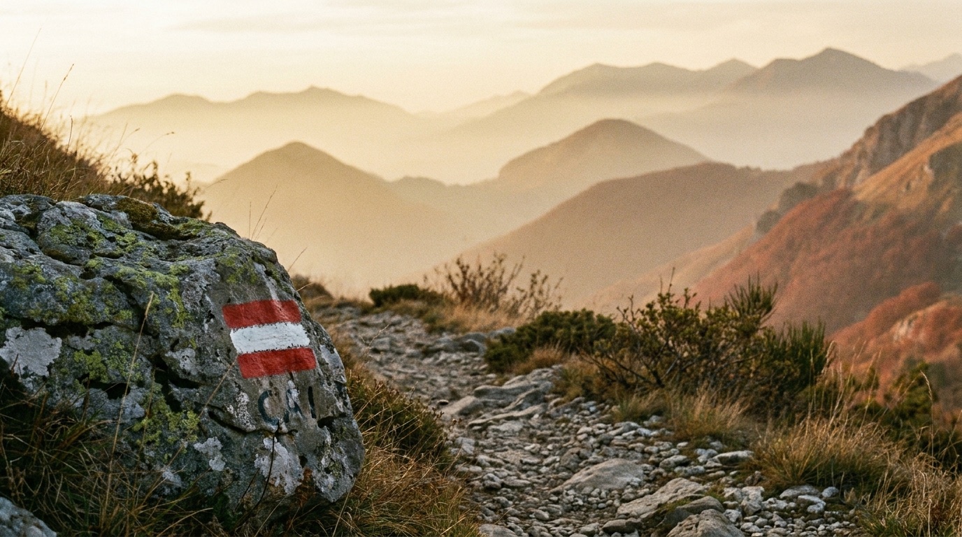 Sentiero di montagna all'alba con segnavia bianco-rosso su una roccia